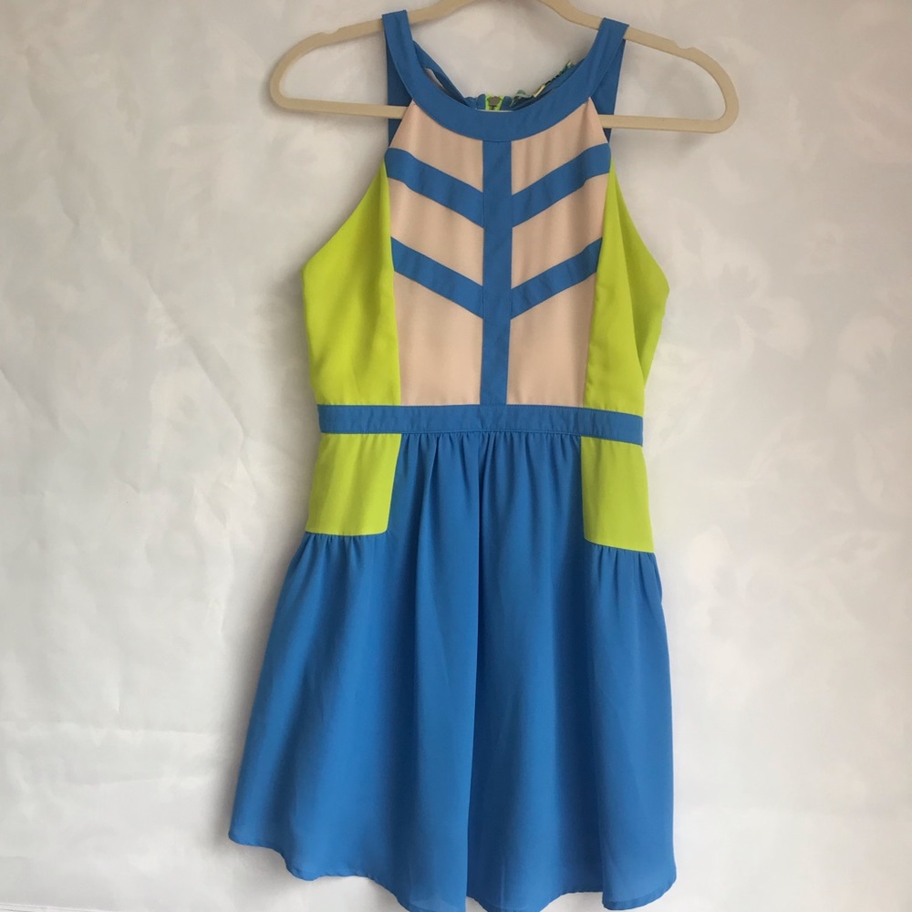 English Rose neon & blue summer dress size small - Picture 1 of 8
